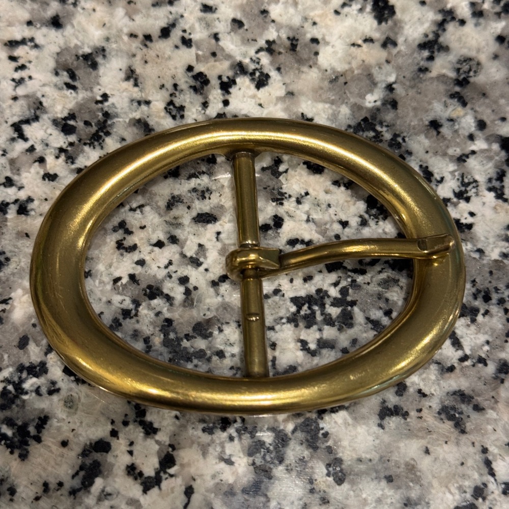 Vintage Solid Brass Oval Belt Buckle Gold Tone Single Prong Replacement 3 Inch